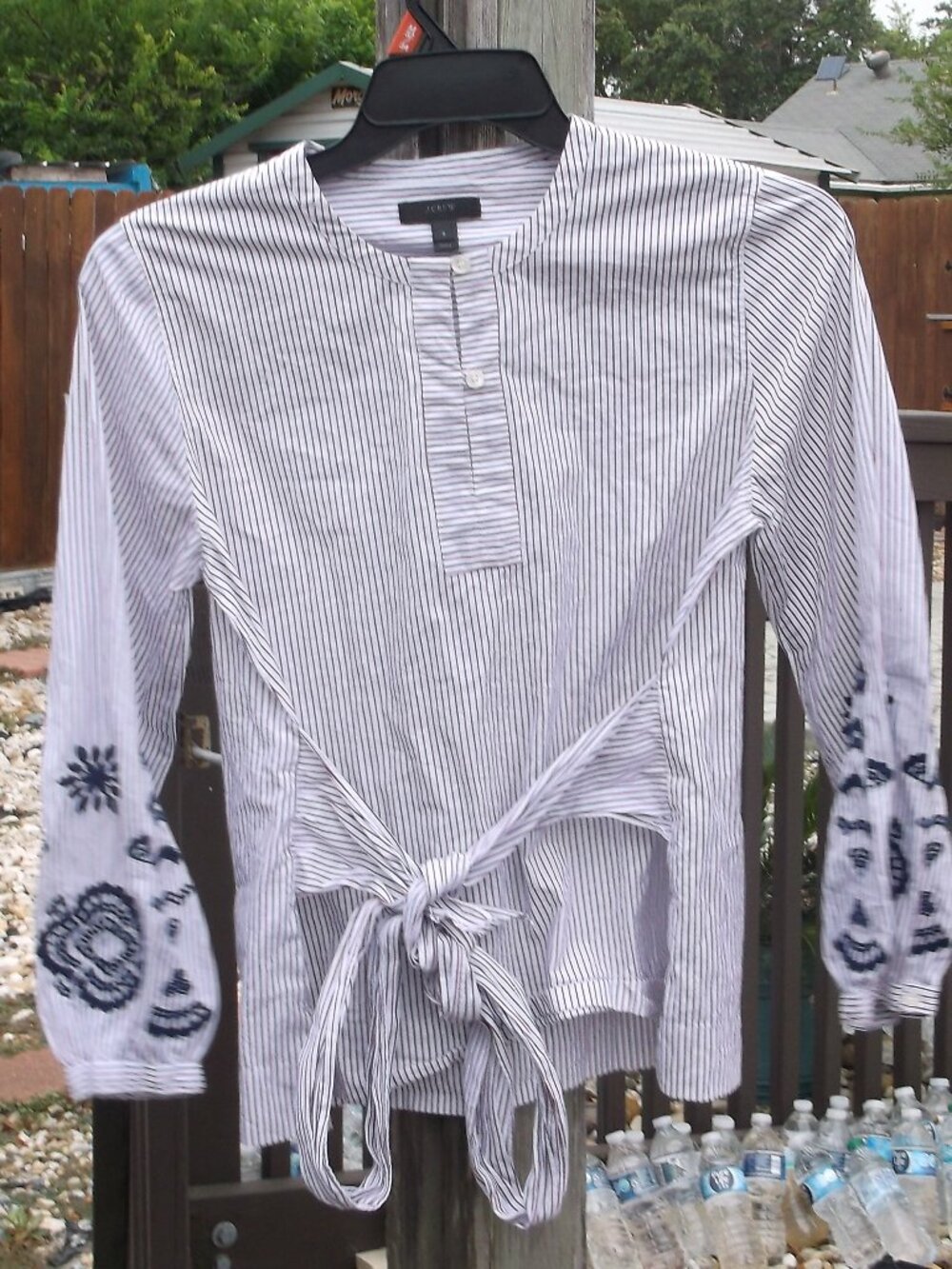 J.Crew Striped Cotton Embroidered Tie‑Front Top – Size S